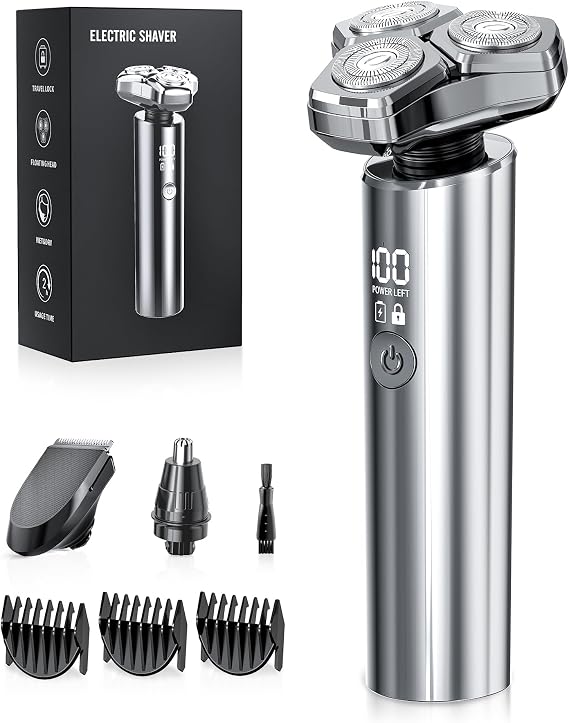 Electric Razor for Men, Wet/Dry Electric Shaver, 10,000RPM High-Speed Motor, Upgraded Curved Razor Foil, 3-in-1 Beard, Nose & Sideburn Trimmer, IPX8 Waterproof, Quick Charge & Travel Lock