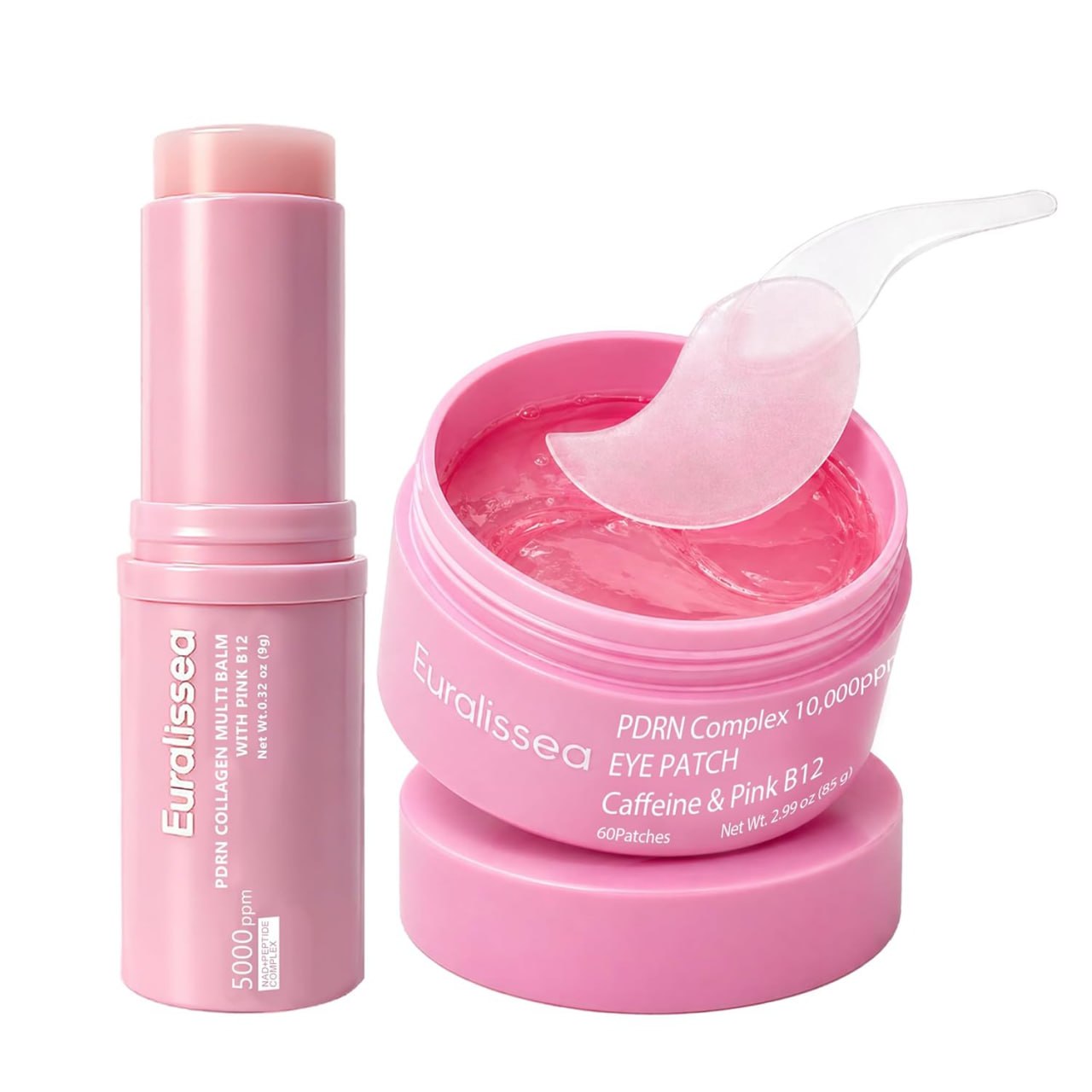 PDRN Collagen Multi Balm Stick & Eye Patches Set, Pink B12 & Caffeine Under Eye Care, 0.32 Oz Balm + 60 Patches