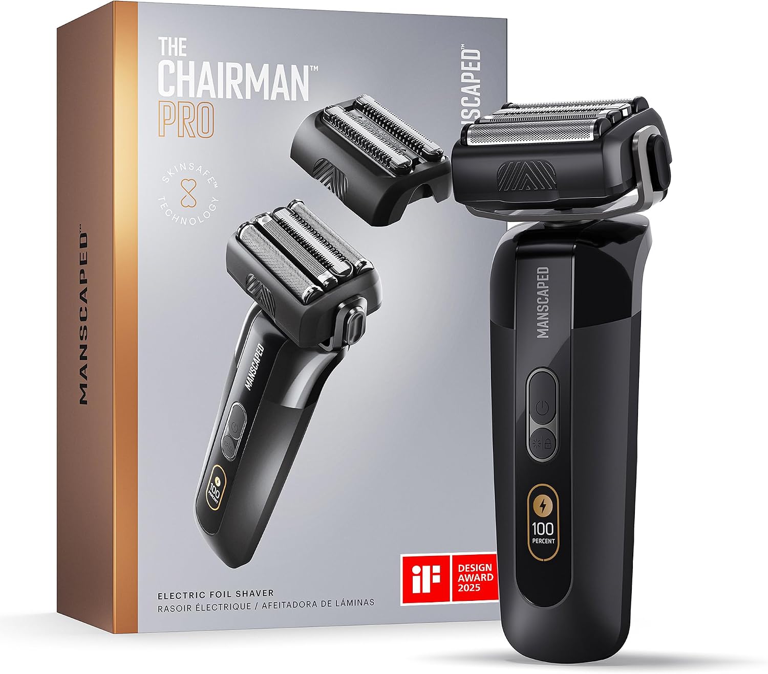 MANSCAPED® The Chairman™ PRO Men’s Electric Foil Face Shaver - Two Interchangeable Blade Heads, SkinSafe® Four-Blade Foil & Stubble Trimmer, USB-C Wireless Compatible Charging, Gentle on Neck
